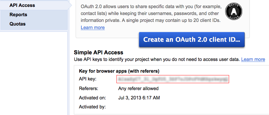 API Access Seite mit dem API key