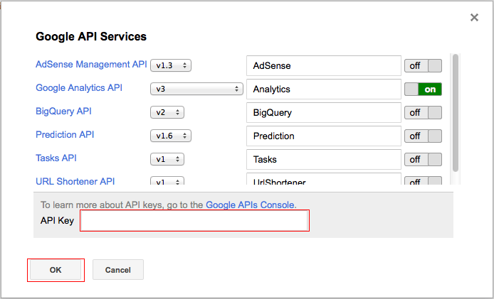 Analytics API Key in das Google API Services Fenster kopieren
