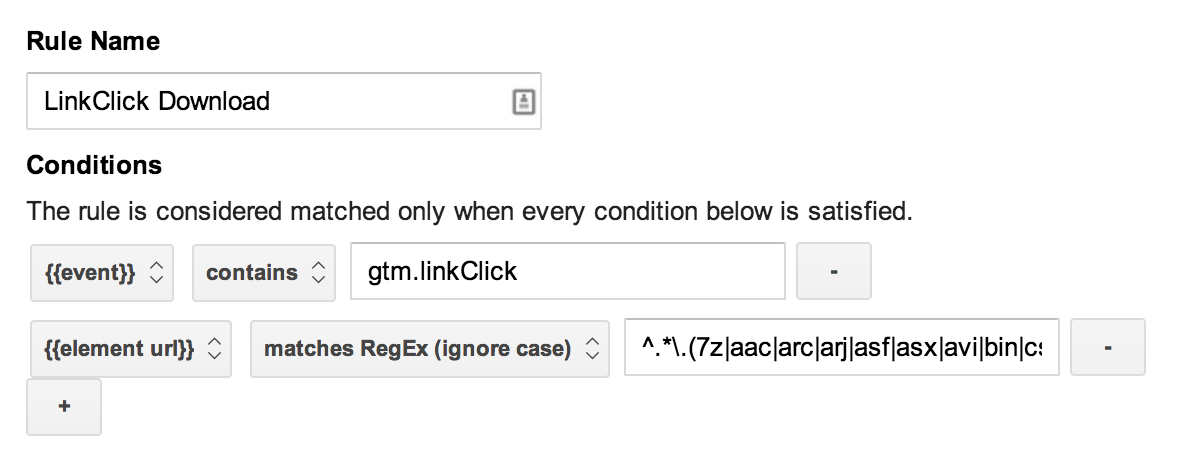 Create LinkClich Download rule in Google Tag Manager