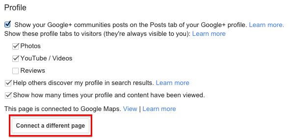 Connect a different Google+ page to Google Maps