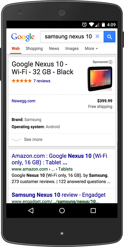New display of Google Shopping results on smartphones