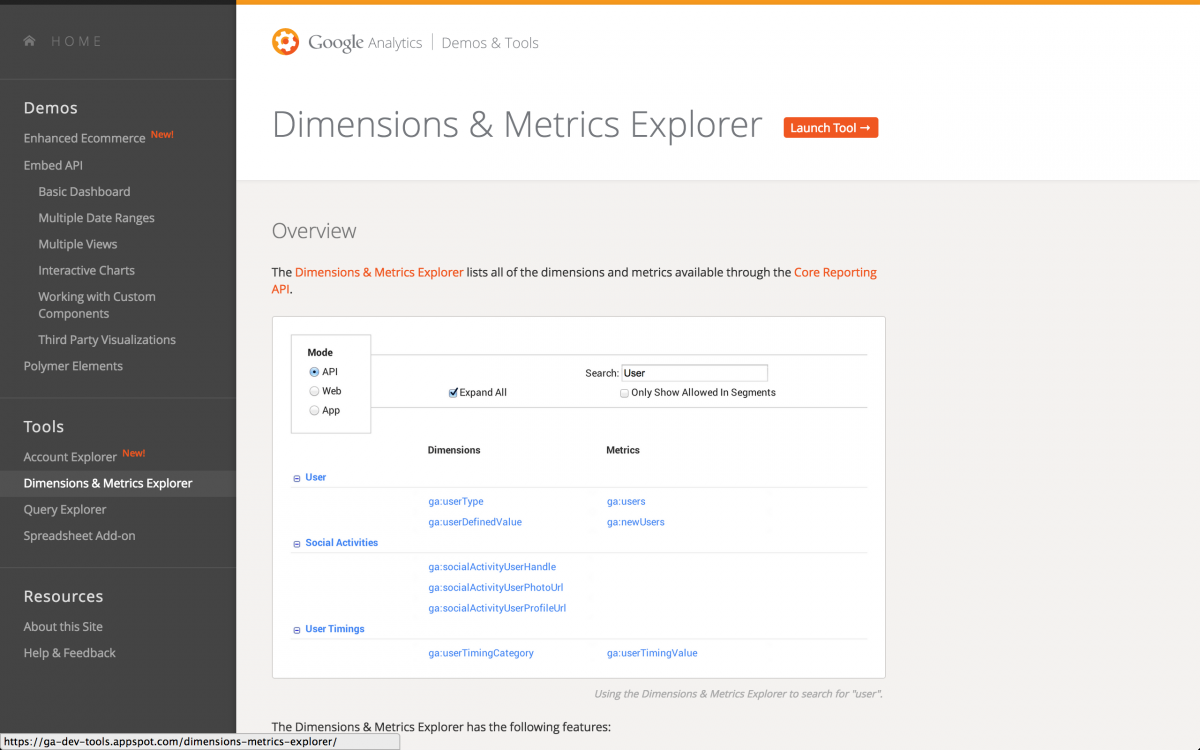 Dimensions and metrics explorer
