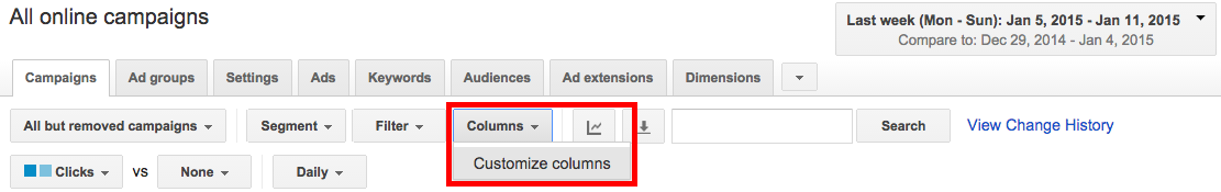 Adjust columns in Google AdWords