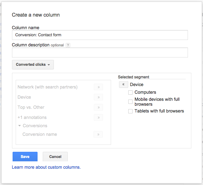 Define a custom column in Google AdWords