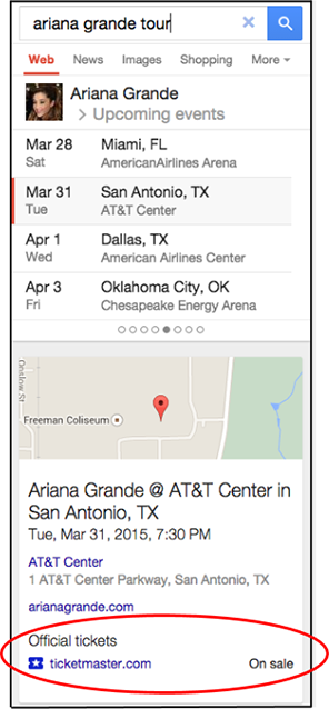 Google Knowledge Graph example for ticketing information