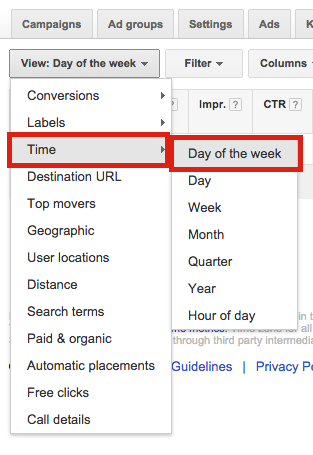 Day of the week AdWords Dimensions Tab