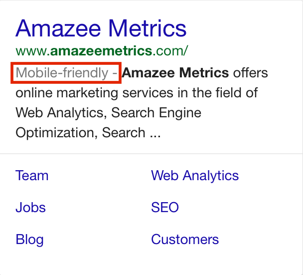 Amazee Metrics search result with the mobile-friendly label