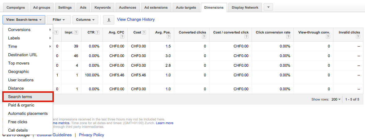 Search Terms AdWords Dimensions Tab