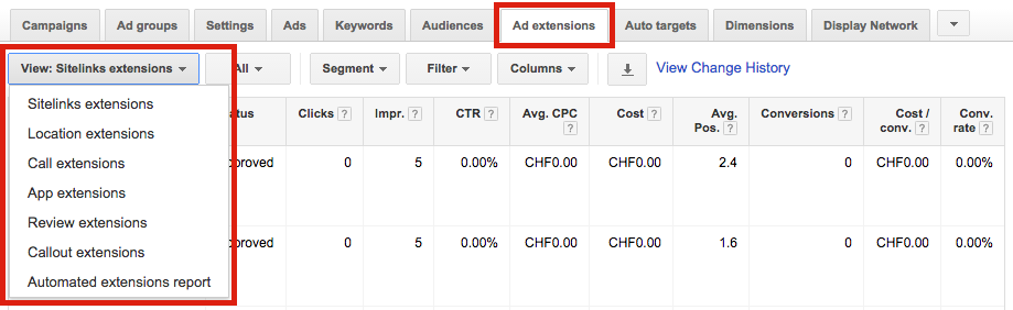Google AdWords Ad Extensions Interface