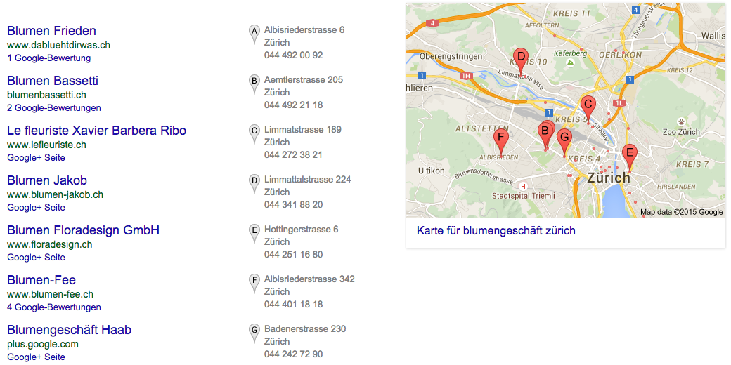 Google Maps-Resultate in der Google-Suche auf Desktop