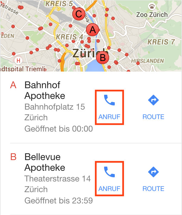 Google Maps-Resultate auf dem Mobiltelefon mit Anruf-Button