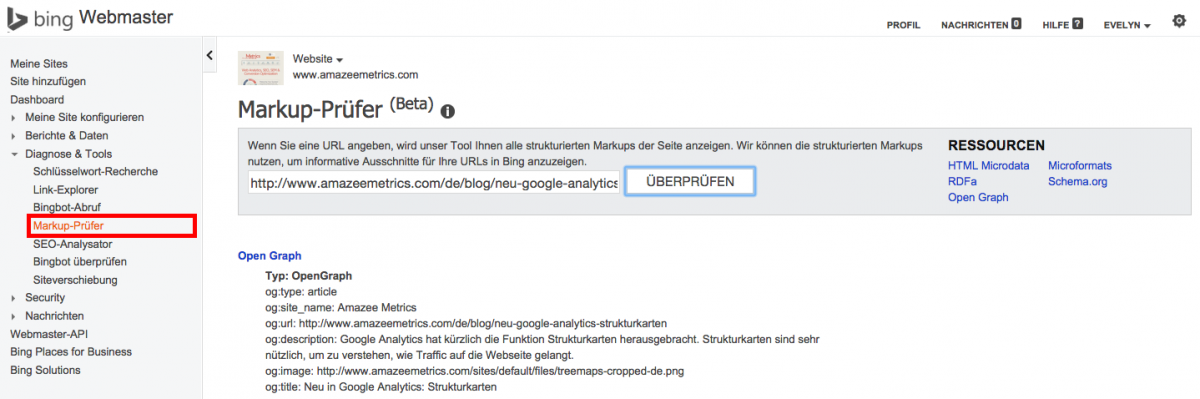 Bing Webmaster Tools: Markup-Prüfer