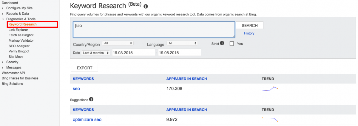 Bing Webmaster Tools: Keyword Research