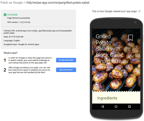 Fetch as Google in the Google Search Console for mobile apps