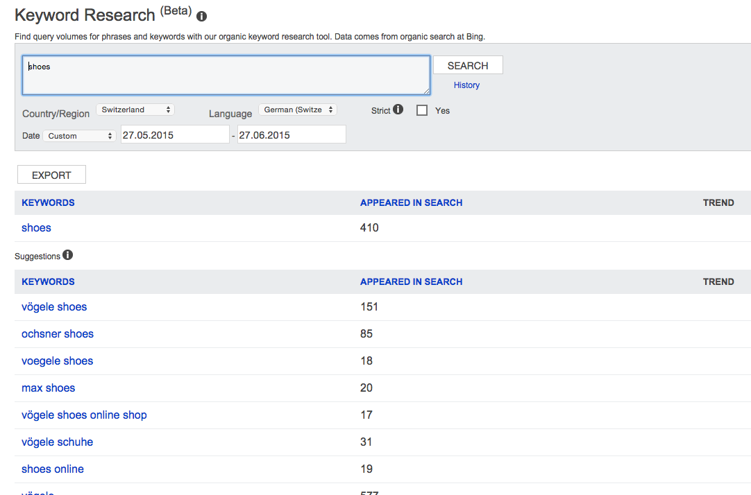 Bing keyword tool interface
