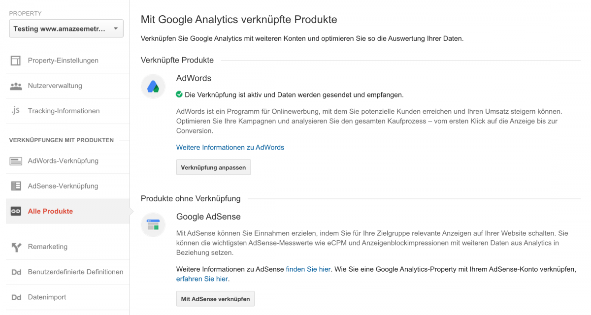 Google Analytics verknüpfte Produkte