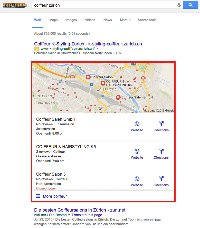 Google Local Snack-Back bei einer Suche nach "Coiffeur Zürich" auf einem Desktop-Gerät