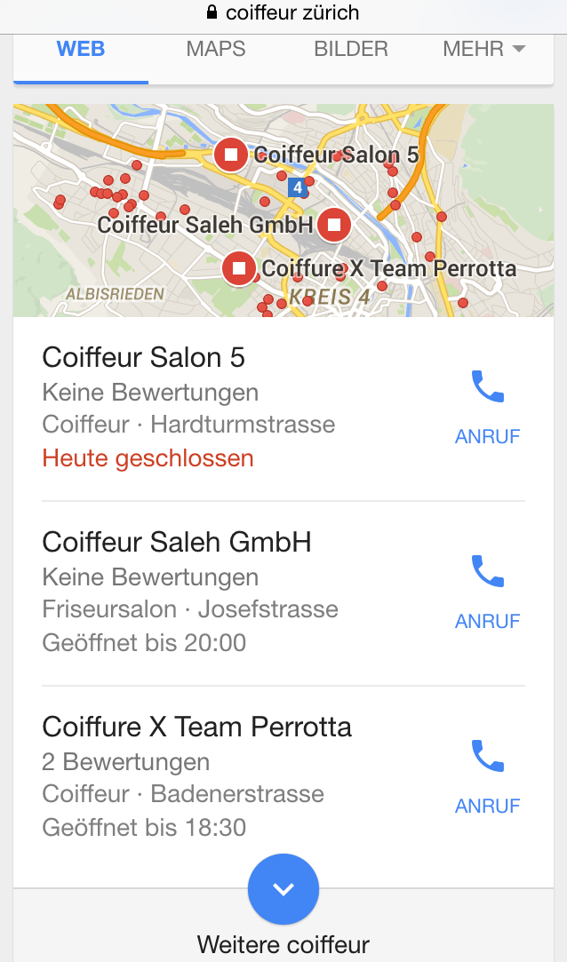 Google Local Snack-Pack bei einer Suche nach einem Coiffeur in Zürich auf dem Smartphone