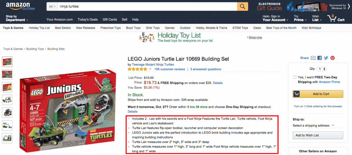 Amazon example bullet points - Ninja Turtles Lego