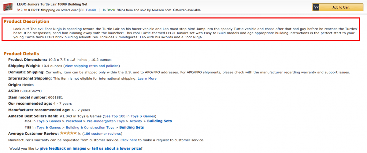 Amazon example product description - Ninja Turtles Lego