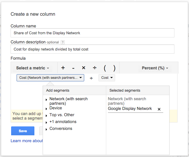 AdWords Custom Formulas - Screenshot share of cost for the display network