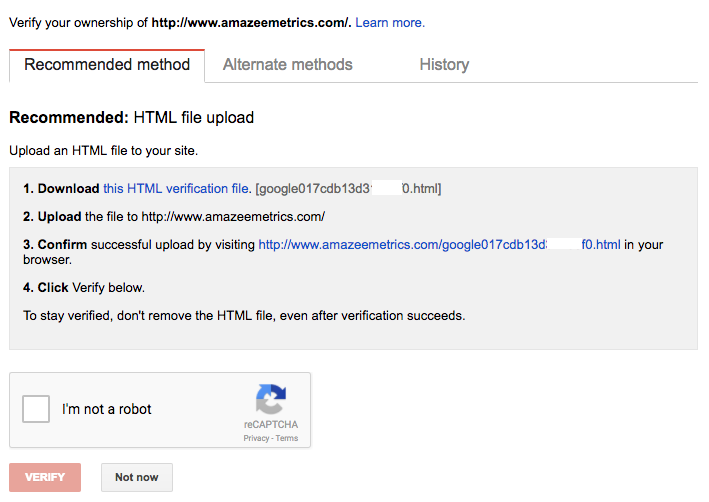 An HTML-Upload is the recommended method for verifying your Search Console