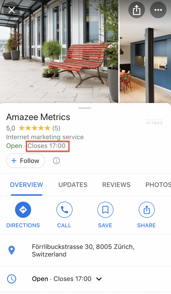 Google My Business entry Amazee Metrics: Opening hours