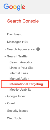 Screenshot Google Search Console International Targeting