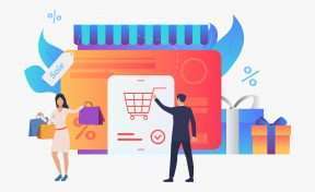 Store with credit card, gift boxes, buyers vector illustration