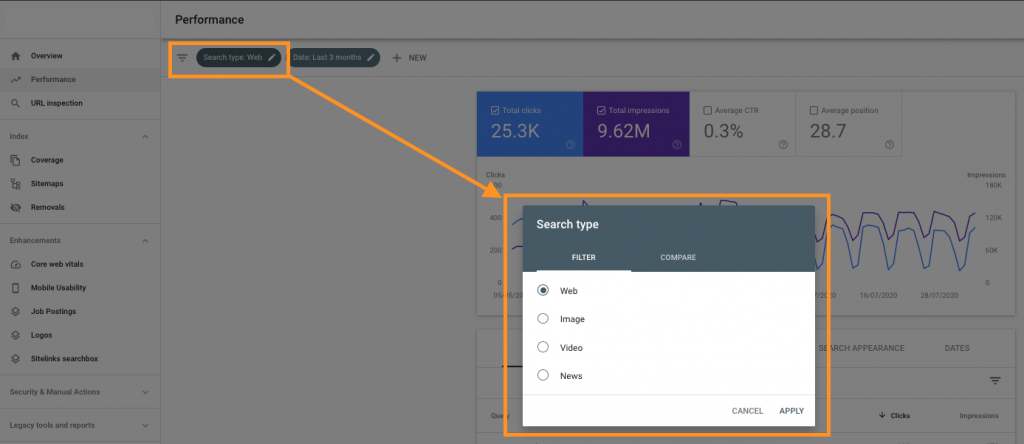 Example of Search Types in Google Search Console