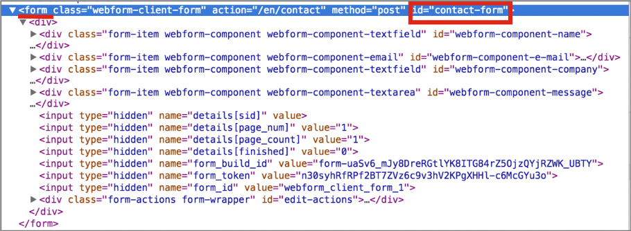 Website HTML code highlighting the ID attribute of a Form element