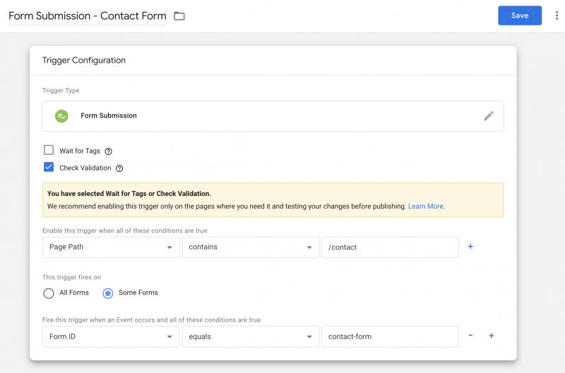 The Google Tag Manager Form Submission Trigger configuration page.