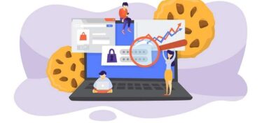 Drawing of a laptop with windows representing privacy, a magnifying glass, people and chocolate chip cookies are around the laptop.