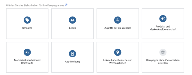 2. Google Ads Zielvorhaben auswählen