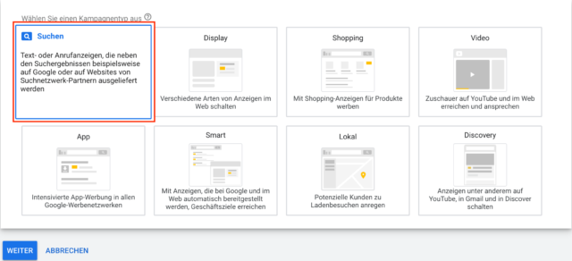 3. Google Ads Kampagnentyp auswählen