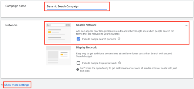 4. Google Ads - Name Campaign and Select Network