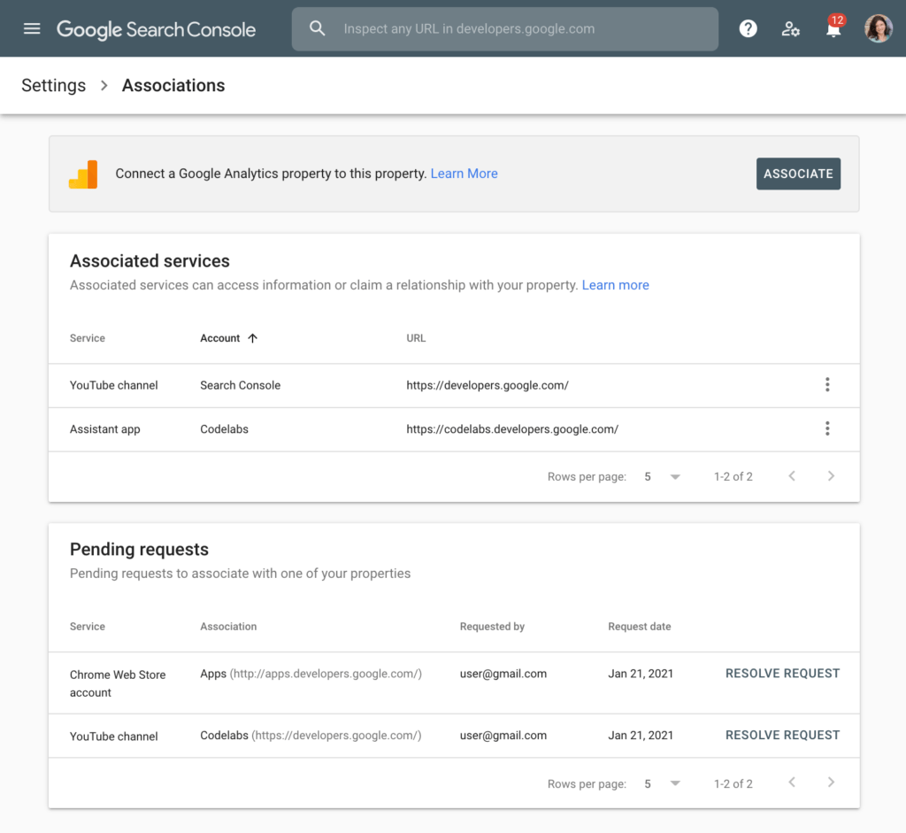 Google Search Console Associations