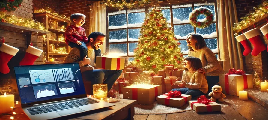 Family celebrating Christmas in a cozy living room atmosphere with a Christmas tree, gifts, and glowing candles – joyful moments and festive decorations.