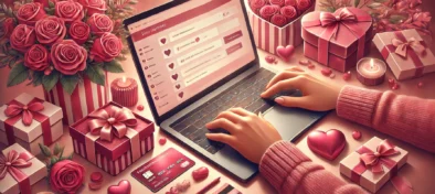 Zwei Hände tippen auf einer Laptop-Tastatur, eine hält eine Kreditkarte. Um die Tastatur herum liegen typische Valentinstags-Elemente: rote Rosen, ein herzförmiges Pralinenkästchen und hübsch verpackte Geschenke. Der Hintergrund ist in sanftem Rosa gehalten, wodurch eine romantische Atmosphäre entsteht. Das Bild symbolisiert den Zusammenhang zwischen Liebe und Online-Shopping zum Valentinstag.