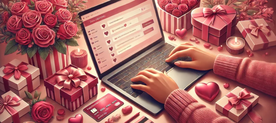 Zwei Hände tippen auf einer Laptop-Tastatur, eine hält eine Kreditkarte. Um die Tastatur herum liegen typische Valentinstags-Elemente: rote Rosen, ein herzförmiges Pralinenkästchen und hübsch verpackte Geschenke. Der Hintergrund ist in sanftem Rosa gehalten, wodurch eine romantische Atmosphäre entsteht. Das Bild symbolisiert den Zusammenhang zwischen Liebe und Online-Shopping zum Valentinstag.