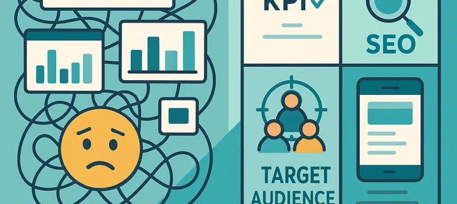 Visual contrast between online marketing mistakes and strategic success, shown through chaotic vs. structured digital elements.