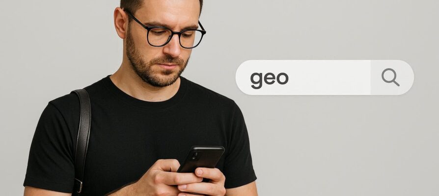 a man looks at his phone and searches for "GEO"