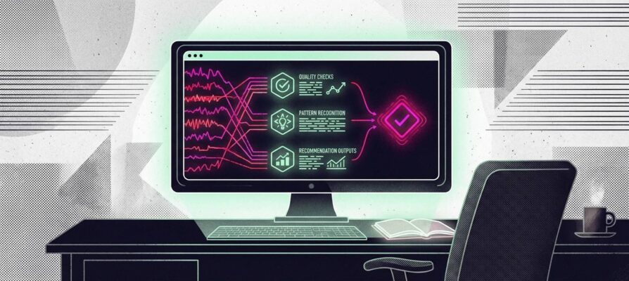 Illustration of an AI marketing dashboard with autonomous data processing threads running simultaneously in a dark, empty workstation at night.