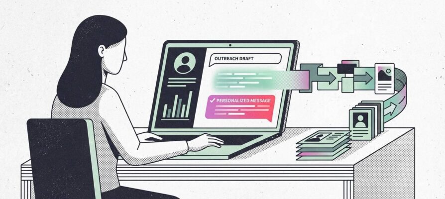 Illustration of a marketing professional using AI to generate personalized outreach messages for customer profiles in real time, with a queue of profiles suggesting automated flow.
