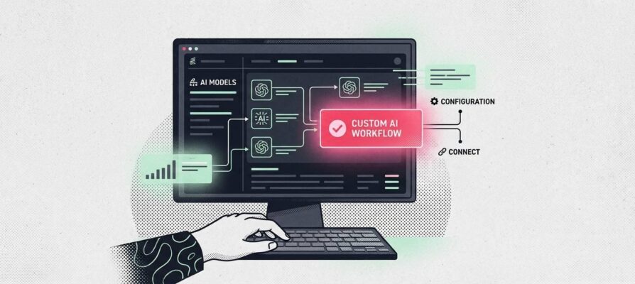 Illustration of a dark-mode AI configuration dashboard with model options and hands on a keyboard.