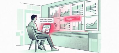 Illustration of a person using a laptop to chat, connected to live website analytics dashboards showing real-time visitor data and click patterns.