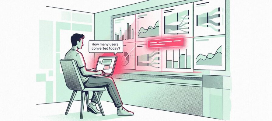 Illustration of a person using a laptop to chat, connected to live website analytics dashboards showing real-time visitor data and click patterns.
