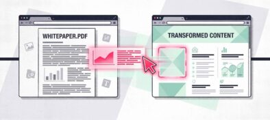 Illustration of a cursor dragging content from a plain PDF to a polished landing page, demonstrating content repurposing and optimization.