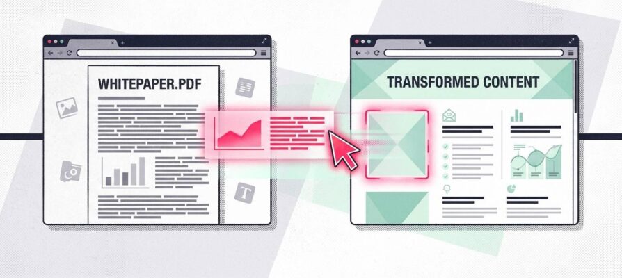 Illustration of a cursor dragging content from a plain PDF to a polished landing page, demonstrating content repurposing and optimization.