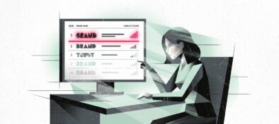Illustration of a marketing analyst studying a screen displaying ranked Swiss insurance brands like Helvetia, Zurich, and Allianz, noting a dropped company.